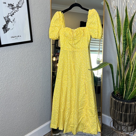 HOUSE OF CB 'Tallulah' Yellow Floral Puff Sleeve Midi Dress NWOT - Picture 7 of 11